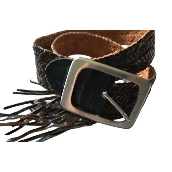Women's Wide Braided Leather Belt Etched Silver Tone Buckle Woven Fringe - Picture 3 of 8